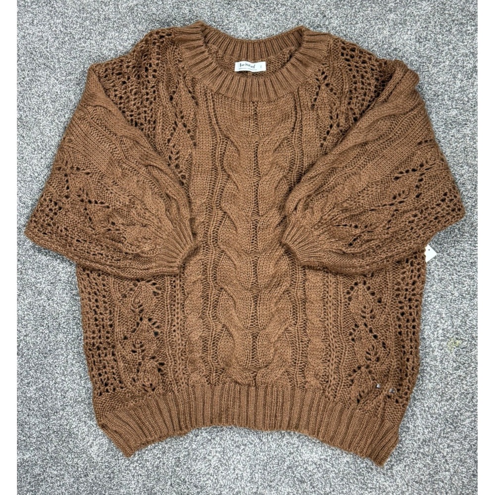 Three Bird Nest Cable Knit Sweater Dress Women L Oversized Boho Puff Sleeve
